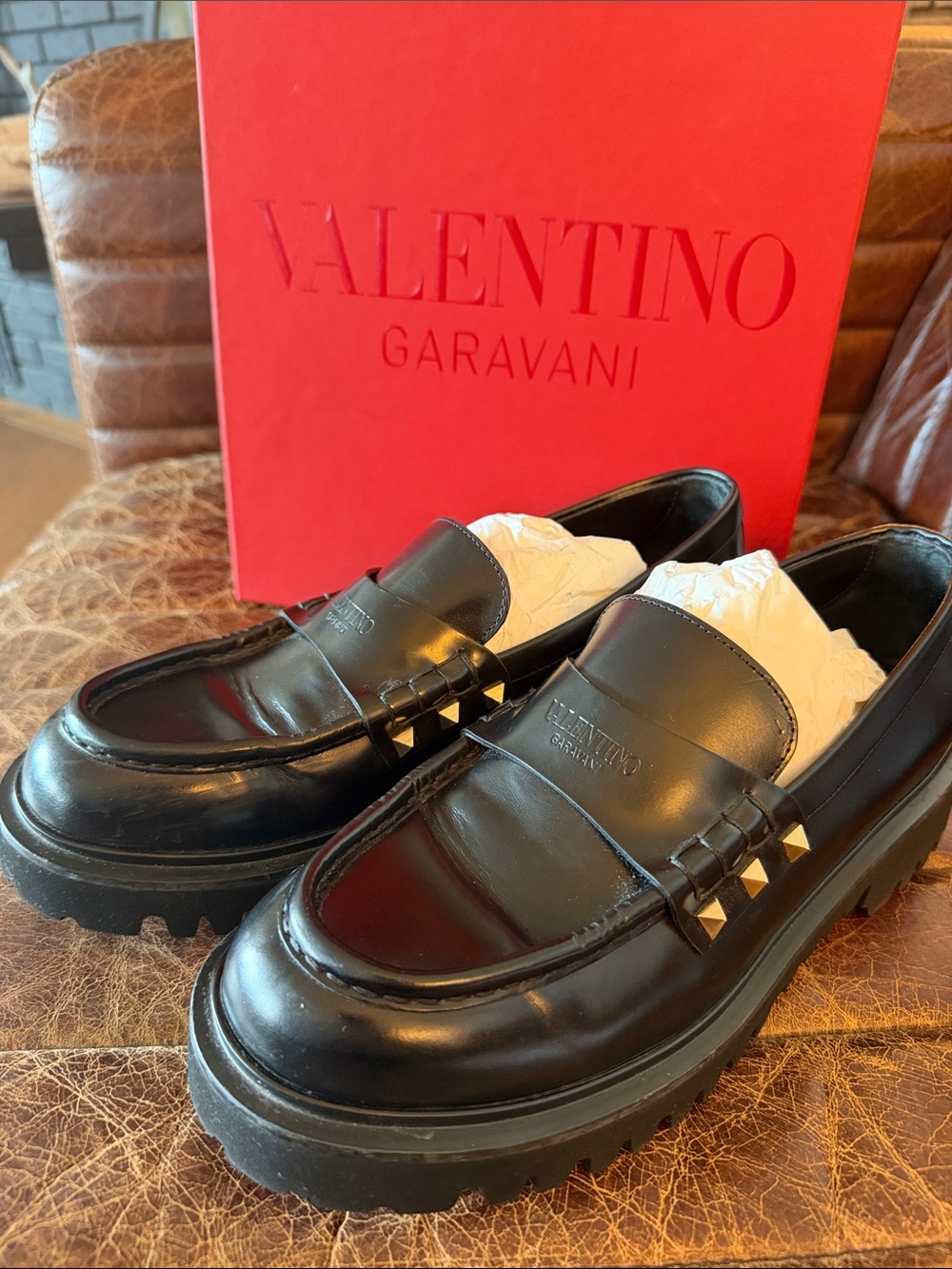 Valentino Garavani Black Leather Studded Penny Loafers